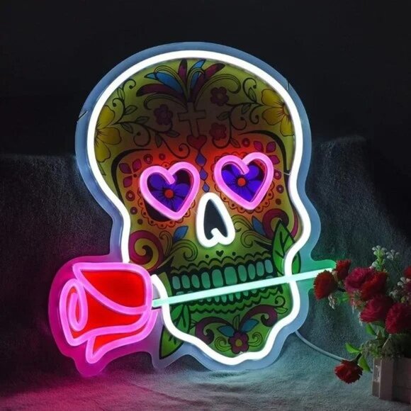 Neon Skull Rose Day of Dead Calavera Hispanic Aztec Retro LED Party Cute Light - Picture 1 of 5